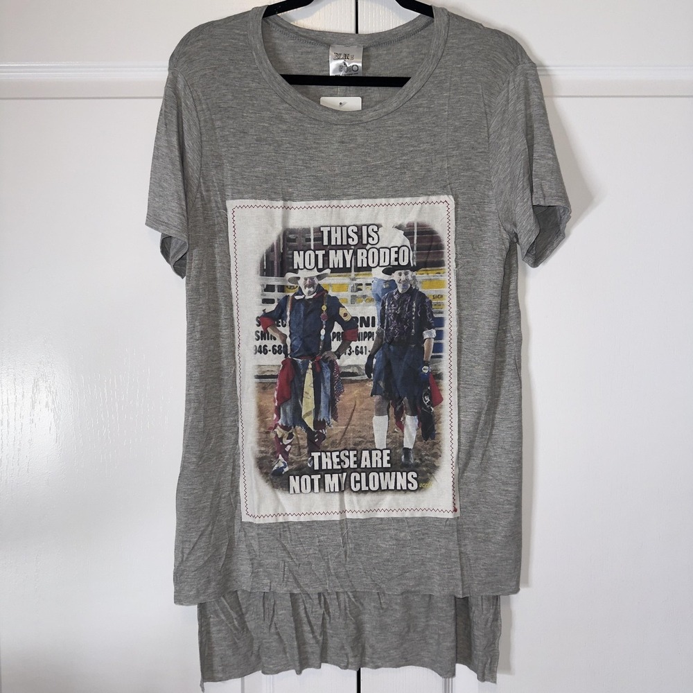 Bling A GoGo Shirt Womens Medium Gray Not My Rodeo Graphic Ruffle Tunic Top